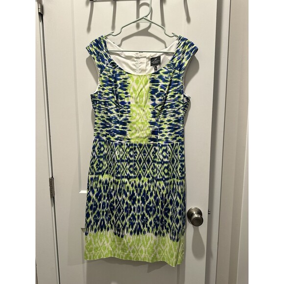 Adrianna Papell Dress Womens 10 Blue Green Ikat Sleeveless Shift Mermaid Ocean - Picture 2 of 5